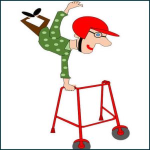 Cartoon image of man holding onto walking frame 