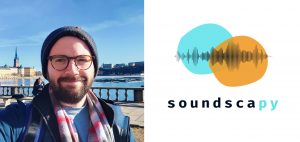 double picture: left side shows smiling photo of Andrew Mitchell, right side shows soundscapy logo
