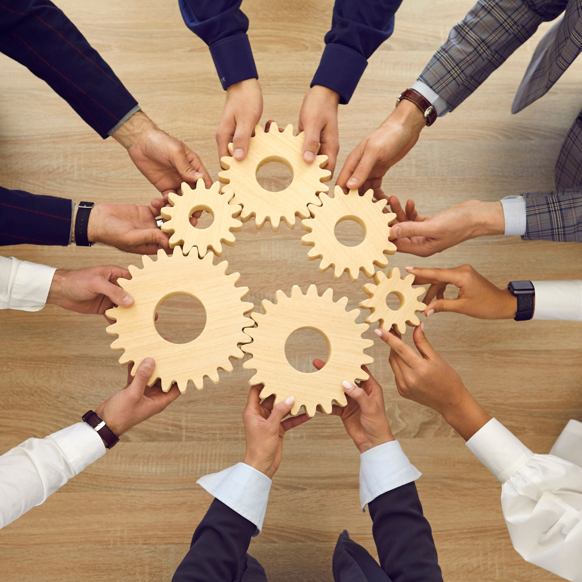 Hands holding wooden cogs