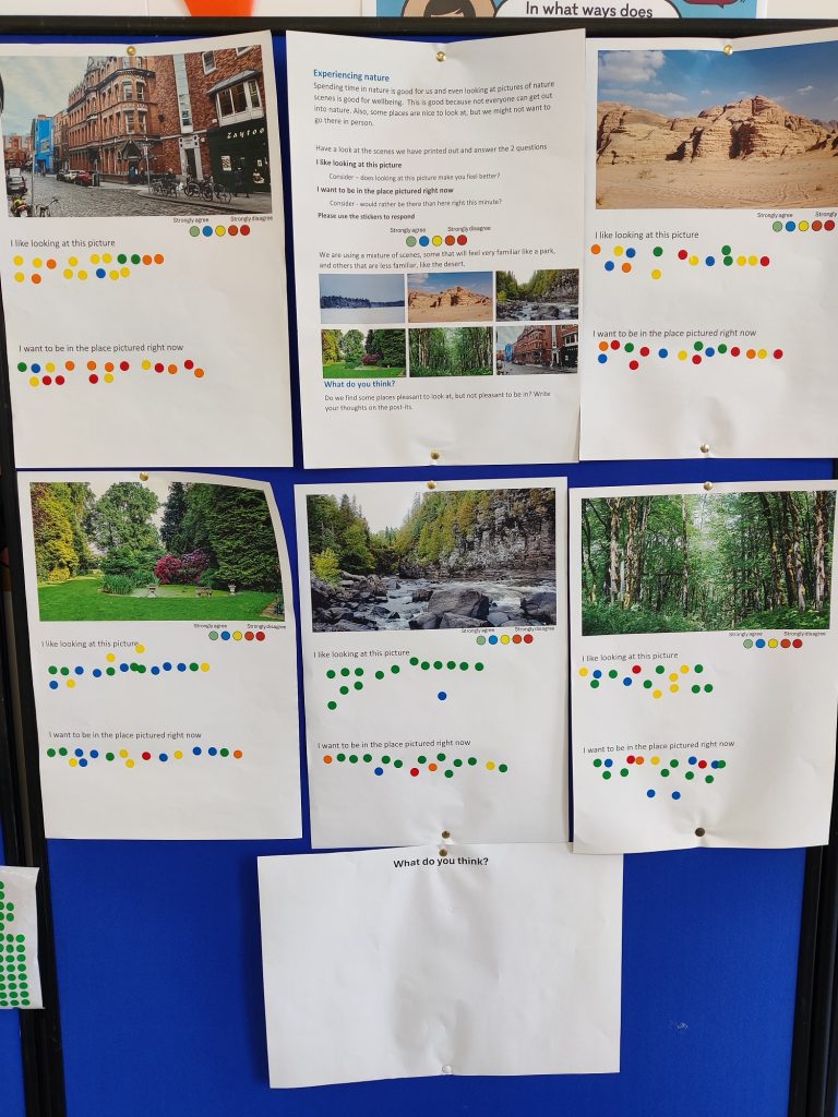 Images of natural environments with stickers below. Participants used colours to say if they would spend time in different environments. 