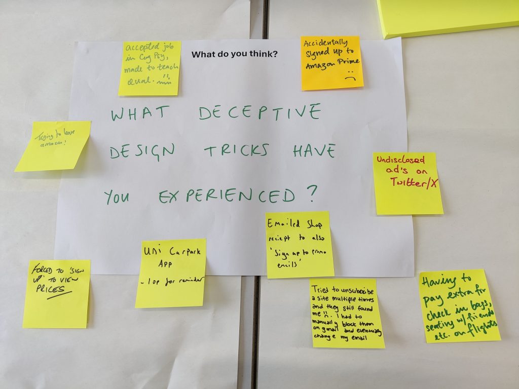 Question asks 'What deceptive design tricks have you experienced'. Responses relate to tactics by companies such as amazon. 