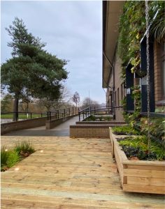 An illuminated view from the raised amenity decking, highlighting the accessible features of the garden through the use of ramps