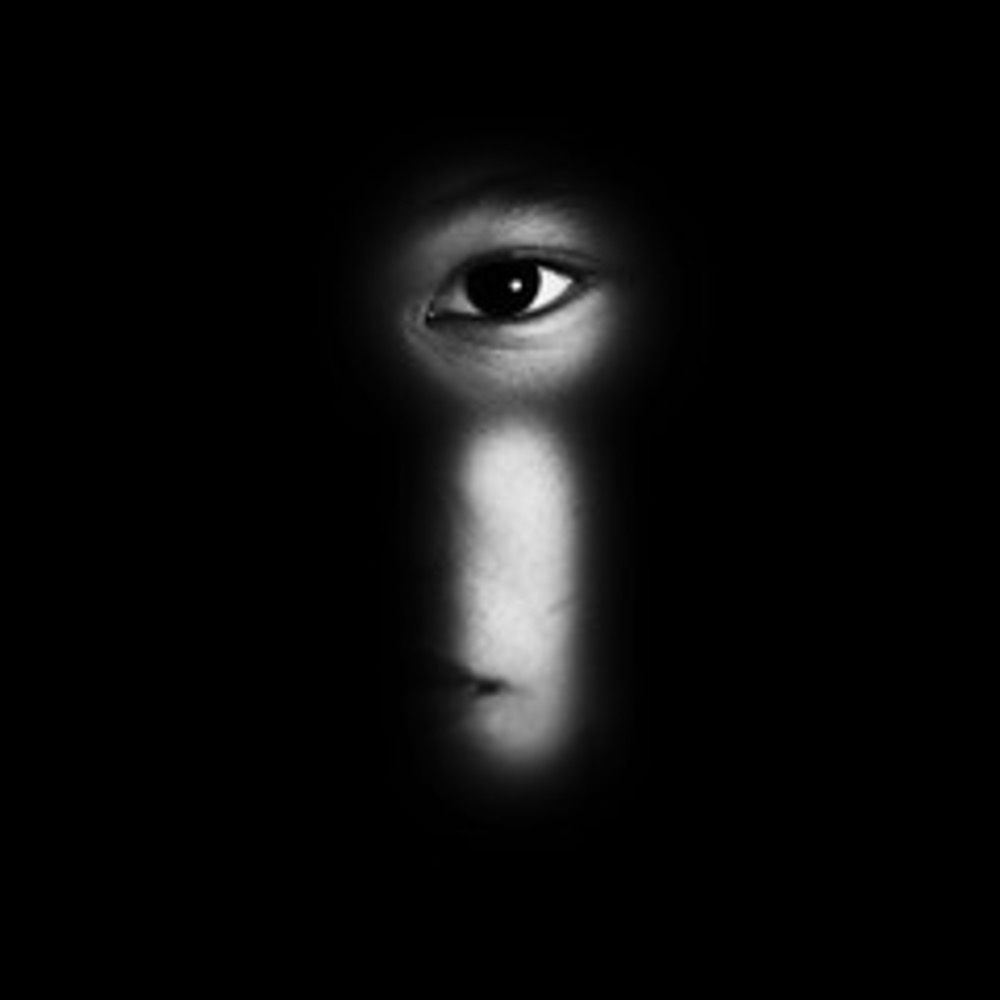 A woman's face peering through a keyhole