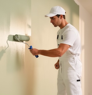 Men painting wall using roller