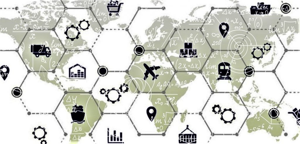 Global map overlaid with various symbols of logistics