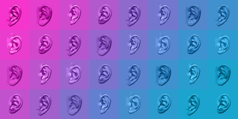 Image showing 32 different ears in a coloured grid