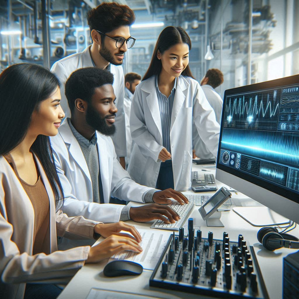 image of scientists looking at a computer screen (AI generated)